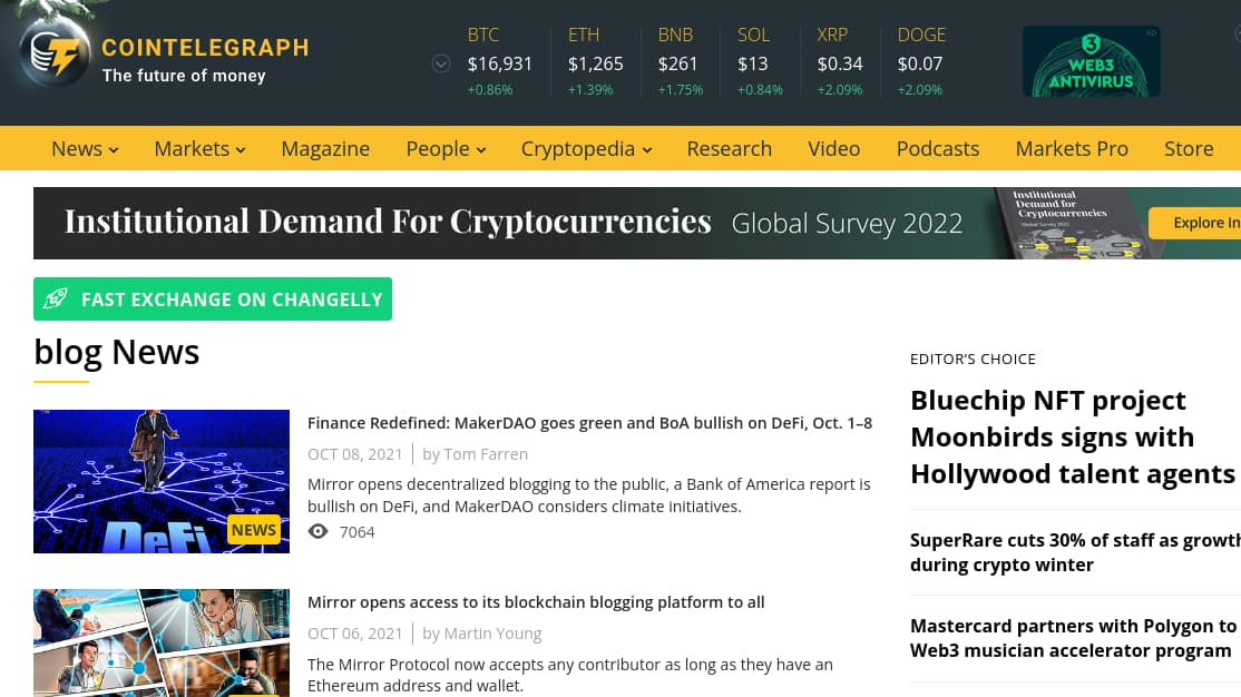Cointelegraph screenshot - Best cyrpto blogs to follow