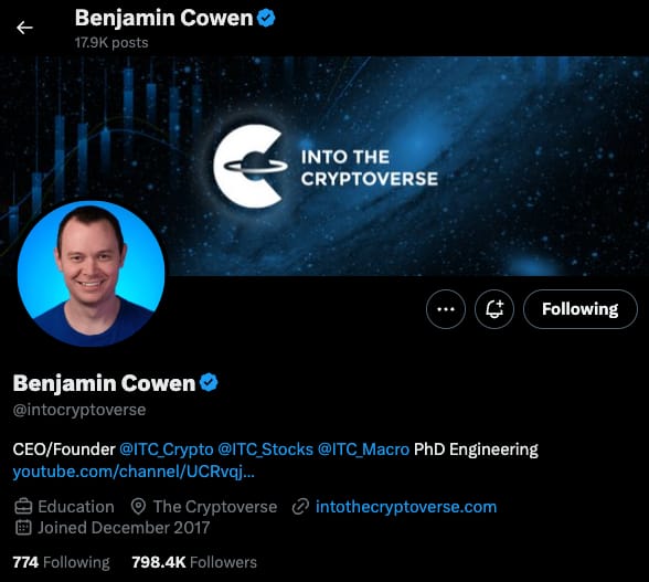 Benjamin Cowen. crypto influencer